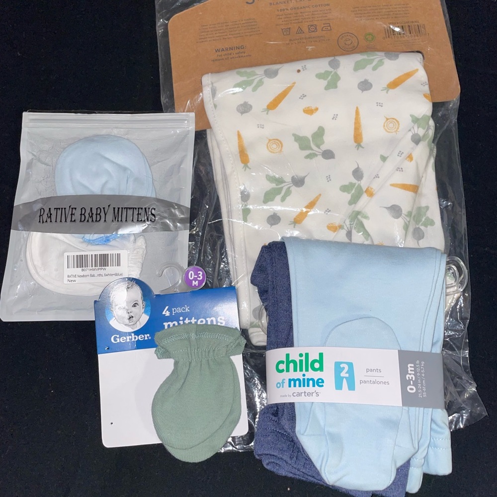Baby Boy new bundle Gerber, Rabbit+Bear,Carter. Mittens, pants and blanket